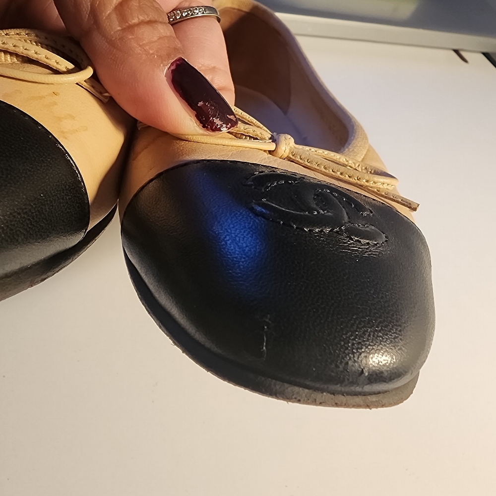 CHANEL Classic Beige Ballet Flats Black CC Cap Toe Ballerinas 36 - Picture 3 of 13